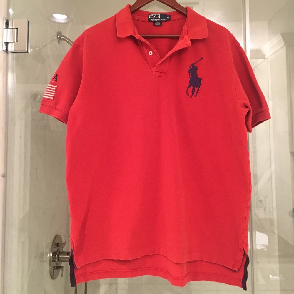RL polo Red with navy blue logo. Size XL.